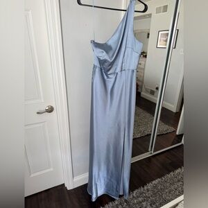Dusty blue satin one shoulder bridesmaid dress